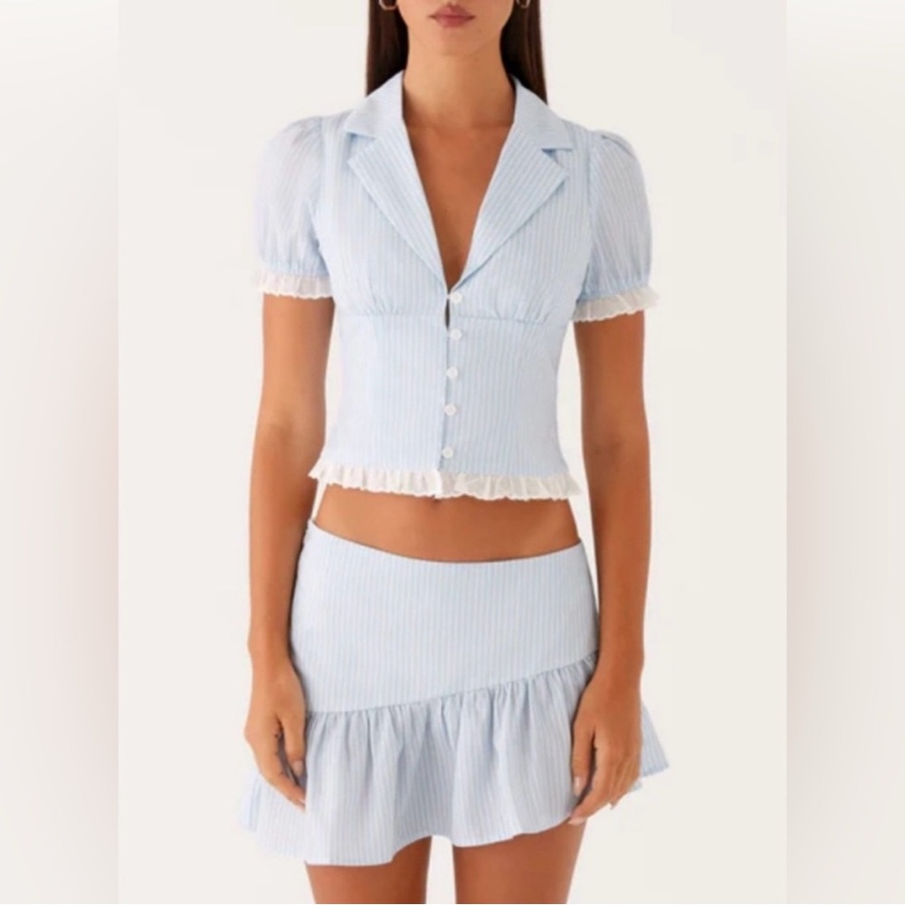 Peppermayo Baby Blue Striped Puff Sleeve Button Top with Ruffle Trim
